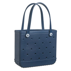 Blue tote bag with perforated design and brand logo on a white background