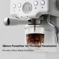 Espresso machine with a portafilter and glass of coffee, featuring De'Longhi branding.
