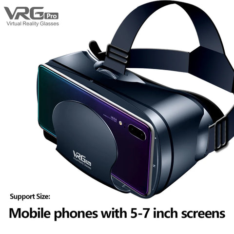 VRG Pro virtual reality glasses with text about support size on a white background