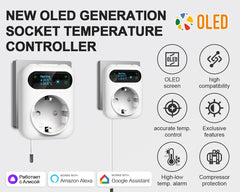 Smart socket temperature controller with OLED display and various features highlighted on a white background.