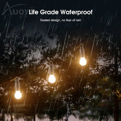Outdoor lights hanging from trees during rain with 'AUOY' branding and text about waterproof design.