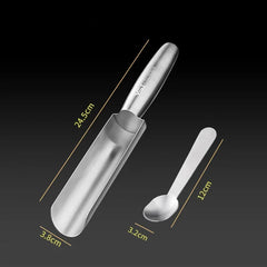 Stainless steel scoop and spoon with measurements on a black background