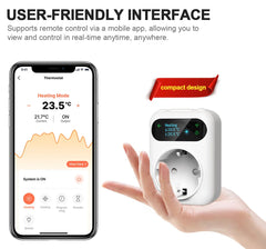 Smart thermostat with mobile app interface on a white background
