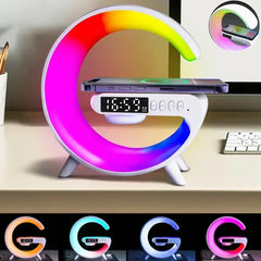 Colorful LED night light with digital clock on a desk