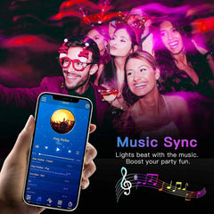 People at a party with a phone displaying music app and 'Music Sync' text.
