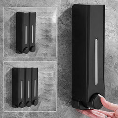 Black wall-mounted soap dispenser on a gray stone wall with close-up insets.