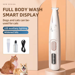 Full body wash smart display with LED auxiliary lighting and widened bits, featuring a cat and dog on a peach background.