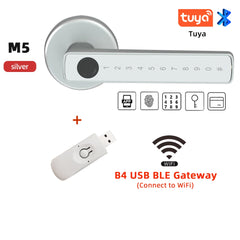 Smart door handle with USB BLE Gateway on a white background, featuring Tuya branding.