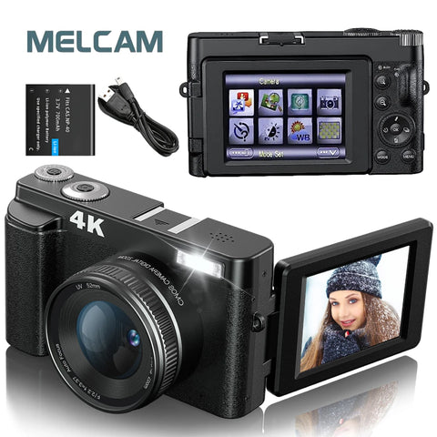 Digital camera with screen, battery, and charger on a white background, featuring the MELCAM brand.