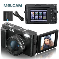 Digital camera with screen, battery, and charger on a white background, featuring the MELCAM brand.