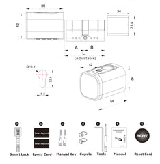 Technical diagram of a lock system with dimensions and components listed.