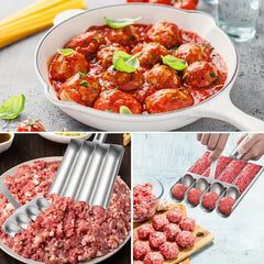 Collage of images including meatballs in a pan, ground meat, and a meatball maker.