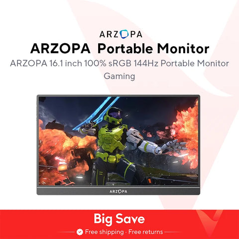 "ARZOPA 16.1'' Portable Gaming Monitor – 144Hz, 100% sRGB, Type-C & Mini HDMI Display for Laptop, PS4/5, Steam Deck, Switch, PC, Mac"