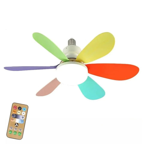 Colorful LED light bulb with multicolored blades and remote control on a white background