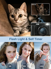 Camera with a cat and people using the camera's flash light and self timer features.