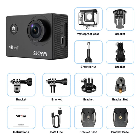 SJCAM action camera with accessories on a white background
