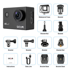 SJCAM action camera with accessories on a white background