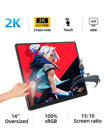 "ZSUS 14'' 2K Portable Monitor – 2160×1440 Resolution, 60Hz Display for Laptop, Xbox, PS4/PS5, Switch, TV Box, PC, and Mobile Devices"
