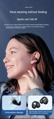 Person wearing wireless earbuds with text about real wearing without feeling and sports can't fall off.