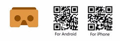 Virtual reality headset icon with QR codes for Android and iPhone on a white background