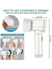 White handheld cleaning brush with USB charging feature and replacement head instructions on a gray background.