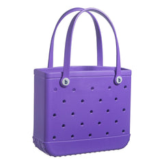 Purple tote bag with perforated design and brand logo on a white background