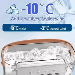 Ice cube cooler with text indicating temperature settings and ice cube addition.