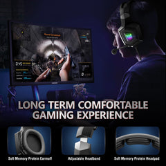 Person playing a video game with gaming headset and monitor, emphasizing long-term comfortable gaming experience.