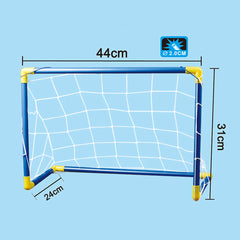 Small soccer goal with measurements on a blue background