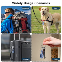 Collage of usage scenarios for a product, including a person with a backpack, a dog on a leash, a suitcase, and a hand holding keys.