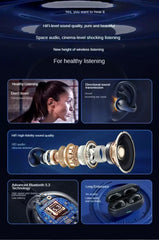 Advertisement for wireless earbuds with text and images of earbuds and a woman listening.