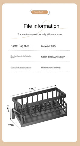 Rag shelf with dimensions and material information on a beige background