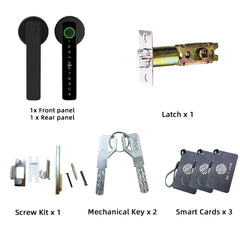 Set of door lock components including front and rear panels, latch, screw kit, mechanical keys, and smart cards on a white background.