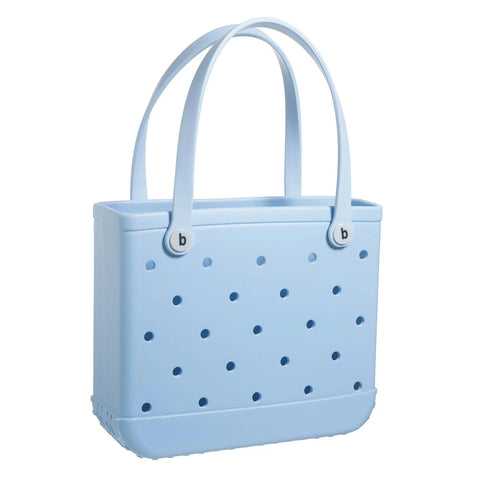 Light blue tote bag with perforated design on a white background