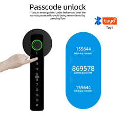 Smart lock with passcode entry and Tuya logo on a white background