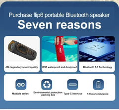 Promotional graphic for flip6 portable Bluetooth speaker with features and benefits listed.