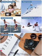 Collage of a camera in use with various features highlighted, including anti-shake shooting, continuous shooting, and compact design.