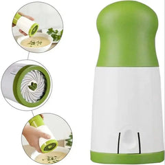 Green and white kitchen tool with close-up insets on a white background