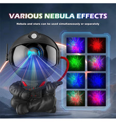 Light show device with astronaut helmet and nebula effects on a dark background