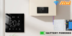 Digital temperature controller with battery power indicator on a white wall.
