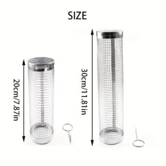 Two cylindrical mesh containers with dimensions labeled on a white background