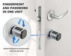 Door handle with electronic lock mechanism and text indicating fingerprint and password functionality.