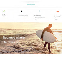 Person with a surfboard walking into the ocean with promotional text overlay