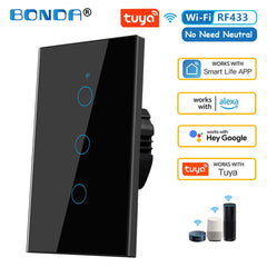 BONDA Tuya WiFi Smart Wall Switch RF433 in black and white, with touch sensor buttons, compatible with Amazon Alexa and Google Assistant, does not require neutral wire.