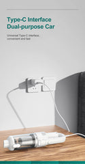 Dual-purpose car charger with Type-C interface on a wooden surface, plugged into an outlet.
