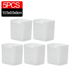 Five clear plastic boxes with dimensions 10.5x9.5x9cm on a white background.