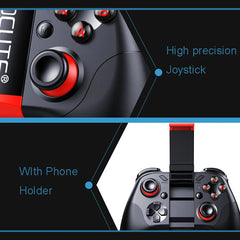 Gaming controller with joystick and phone holder on a black background
