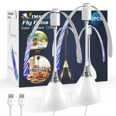 Two white ceiling fans with USB cables in front of a TMA Fly Fans packaging.