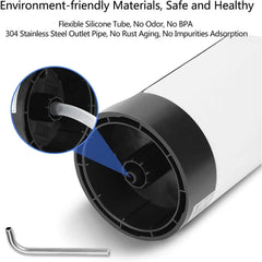 Filter with 304 stainless steel outlet pipe and flexible silicone tube, highlighting safety features.