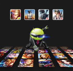 Toy figure with a helmet and sunglasses on a table with game character cards above.